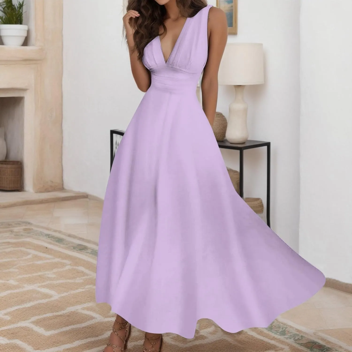 Sundresses for Women,2025 Summer Sleeveless Tank Long Dress Floral V Neck Maxi Dress Plus Size Flowy Midi Dresses