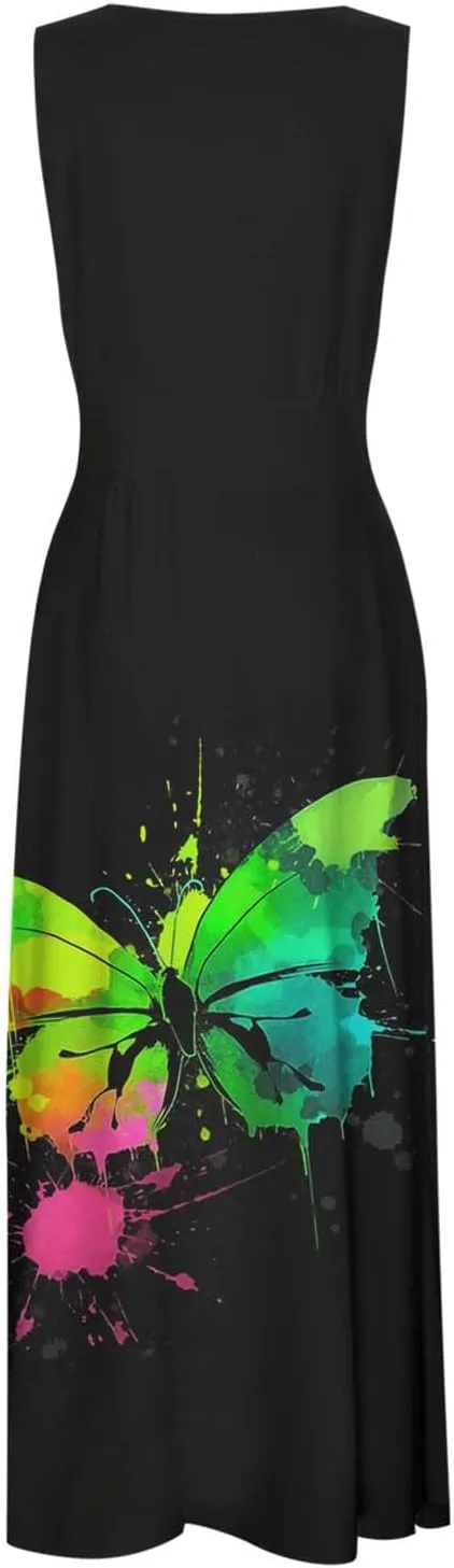 Sundresses for Women,2025 Summer Sleeveless Tank Long Dress Floral V Neck Maxi Dress Plus Size Flowy Midi Dresses