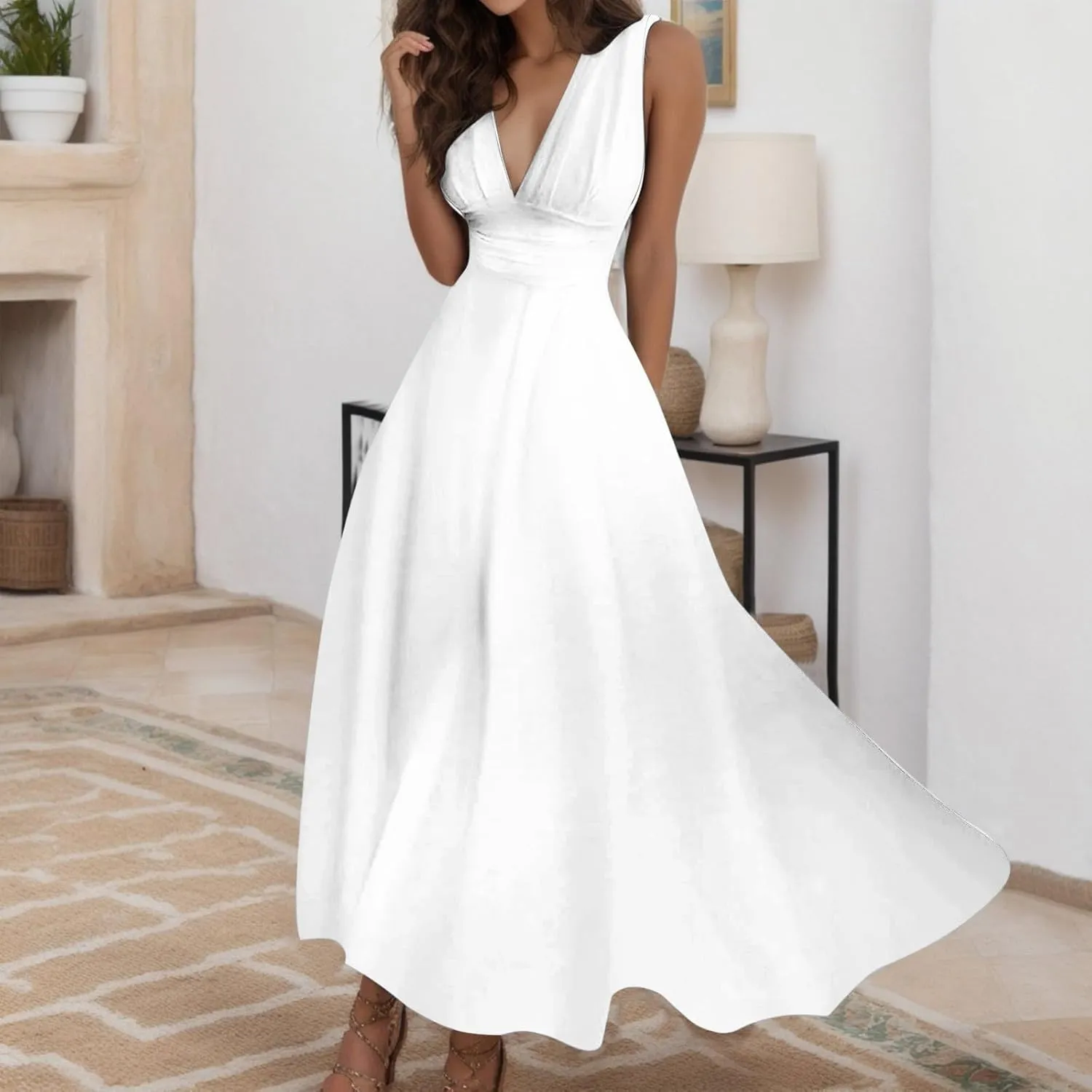 Sundresses for Women,2025 Summer Sleeveless Tank Long Dress Floral V Neck Maxi Dress Plus Size Flowy Midi Dresses