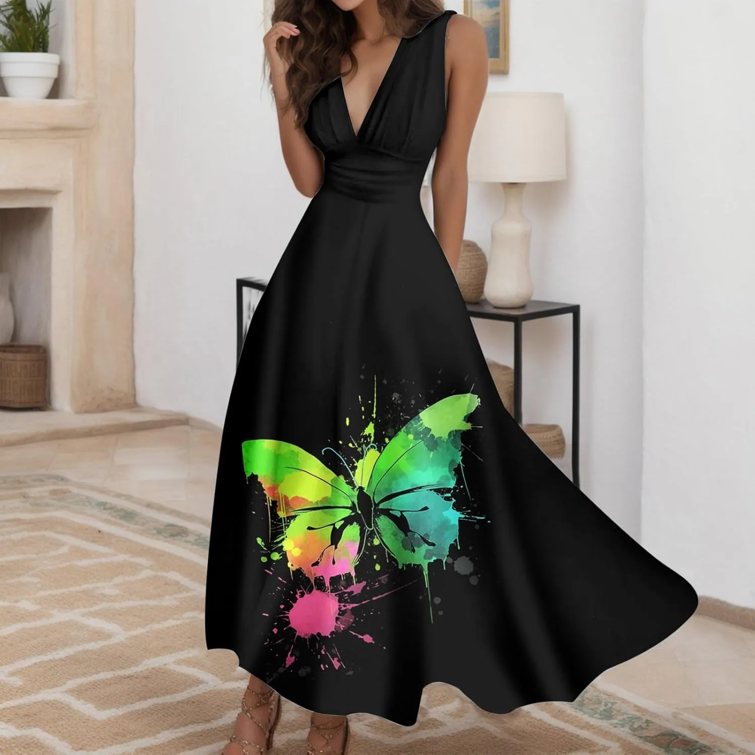 Sundresses for Women,2025 Summer Sleeveless Tank Long Dress Floral V Neck Maxi Dress Plus Size Flowy Midi Dresses