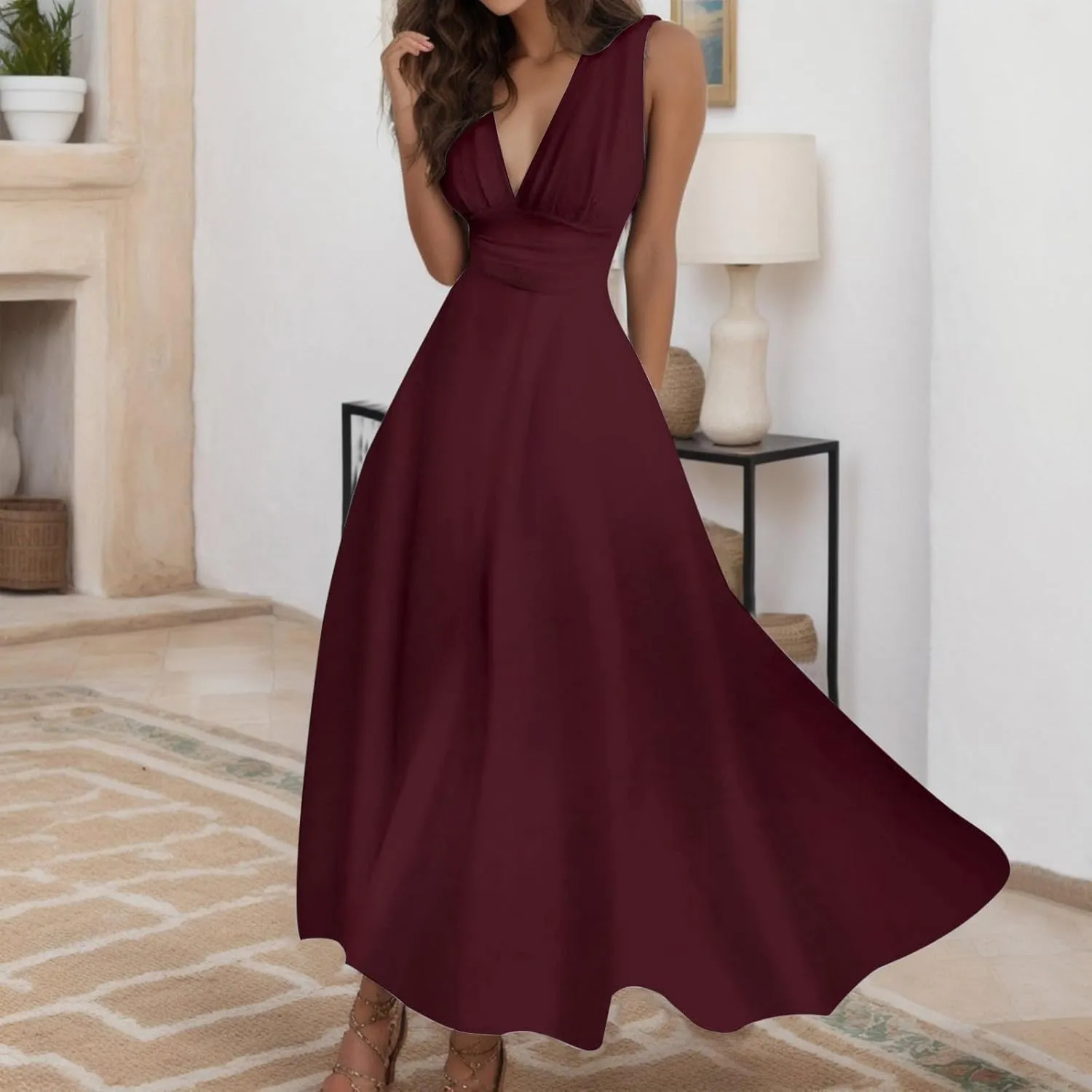 Sundresses for Women,2025 Summer Sleeveless Tank Long Dress Floral V Neck Maxi Dress Plus Size Flowy Midi Dresses