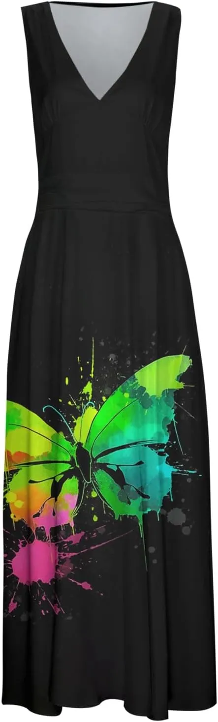 Sundresses for Women,2025 Summer Sleeveless Tank Long Dress Floral V Neck Maxi Dress Plus Size Flowy Midi Dresses