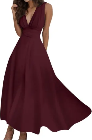 Sundresses for Women,2025 Summer Sleeveless Tank Long Dress Floral V Neck Maxi Dress Plus Size Flowy Midi Dresses