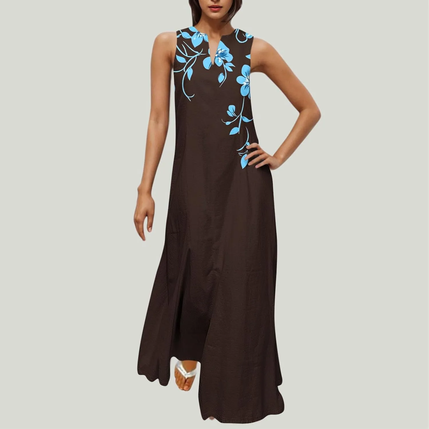Swing Maxi Dress for Women Floral Printed Casual Summer V Neck Sleeveless Loose A-Line Beach Sundress with Pockets