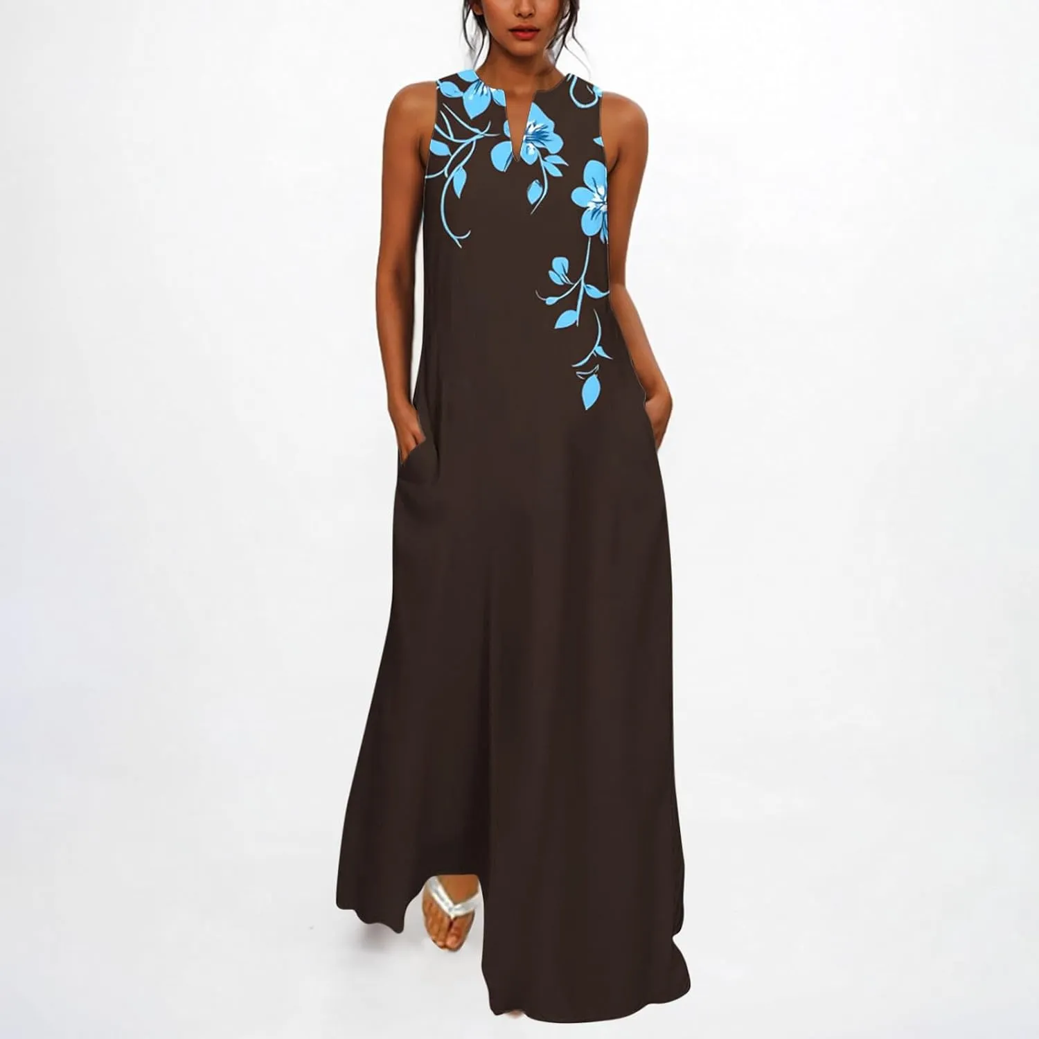 Swing Maxi Dress for Women Floral Printed Casual Summer V Neck Sleeveless Loose A-Line Beach Sundress with Pockets