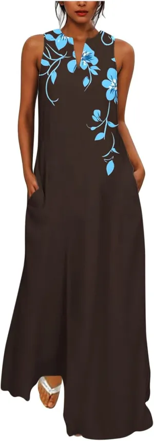 Swing Maxi Dress for Women Floral Printed Casual Summer V Neck Sleeveless Loose A-Line Beach Sundress with Pockets