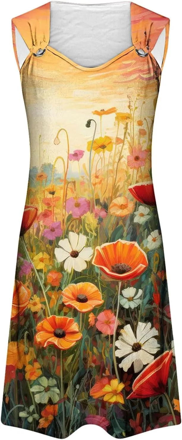 TANGNADE Summer Dresses for Women 2024 Trendy Boho Floral Print Beach Tank Dresses Casual Sleeveless Sundresses
