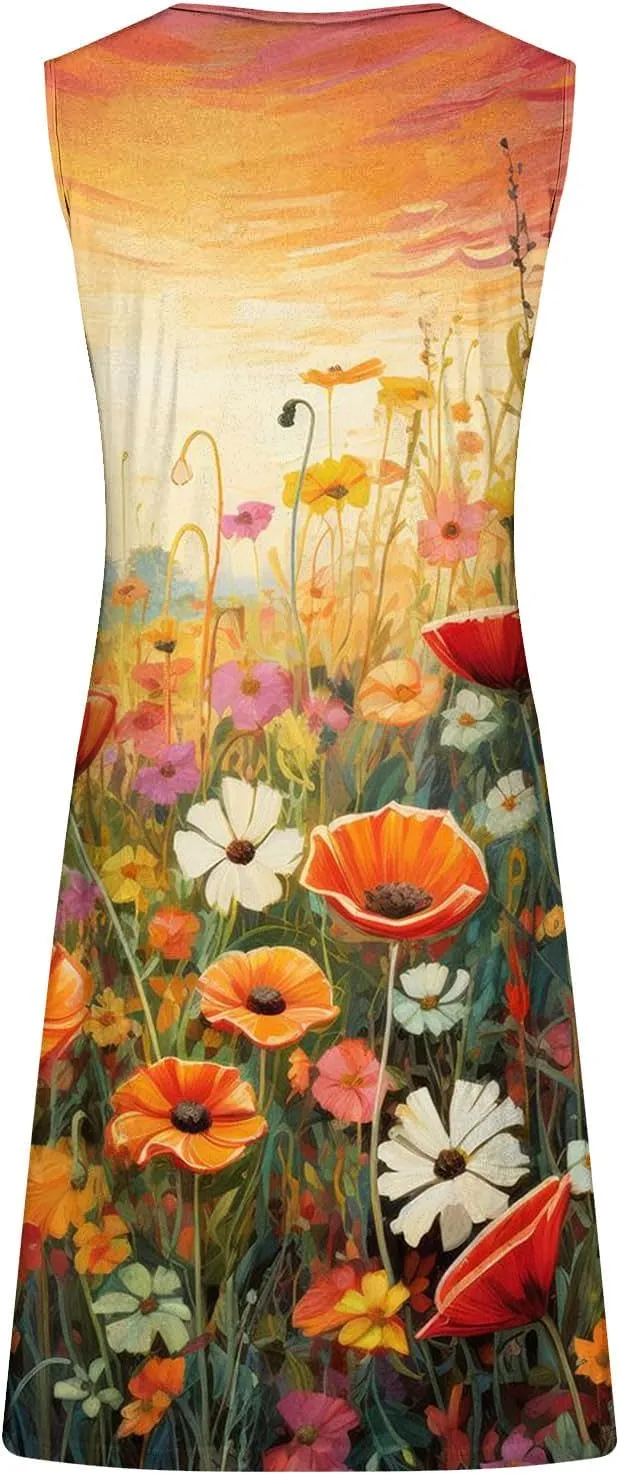 TANGNADE Summer Dresses for Women 2024 Trendy Boho Floral Print Beach Tank Dresses Casual Sleeveless Sundresses