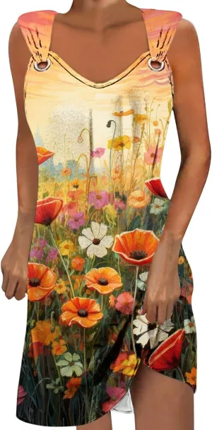 TANGNADE Summer Dresses for Women 2024 Trendy Boho Floral Print Beach Tank Dresses Casual Sleeveless Sundresses