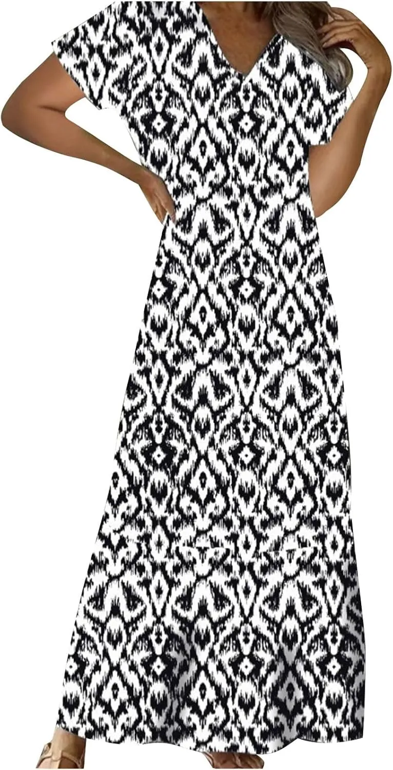 TANGNADE Women Boho Long Dress Graphic Short Sleeve V Neck Flowy Swing Maxi Dress Fashion Trendy A Line Beach Sundress