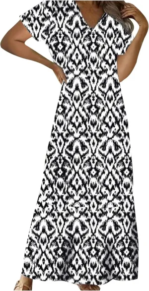 TANGNADE Women Boho Long Dress Graphic Short Sleeve V Neck Flowy Swing Maxi Dress Fashion Trendy A Line Beach Sundress