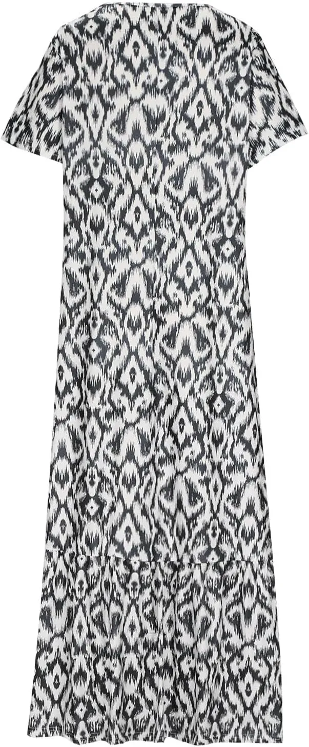TANGNADE Women Boho Long Dress Graphic Short Sleeve V Neck Flowy Swing Maxi Dress Fashion Trendy A Line Beach Sundress