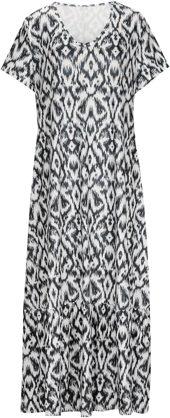 TANGNADE Women Boho Long Dress Graphic Short Sleeve V Neck Flowy Swing Maxi Dress Fashion Trendy A Line Beach Sundress