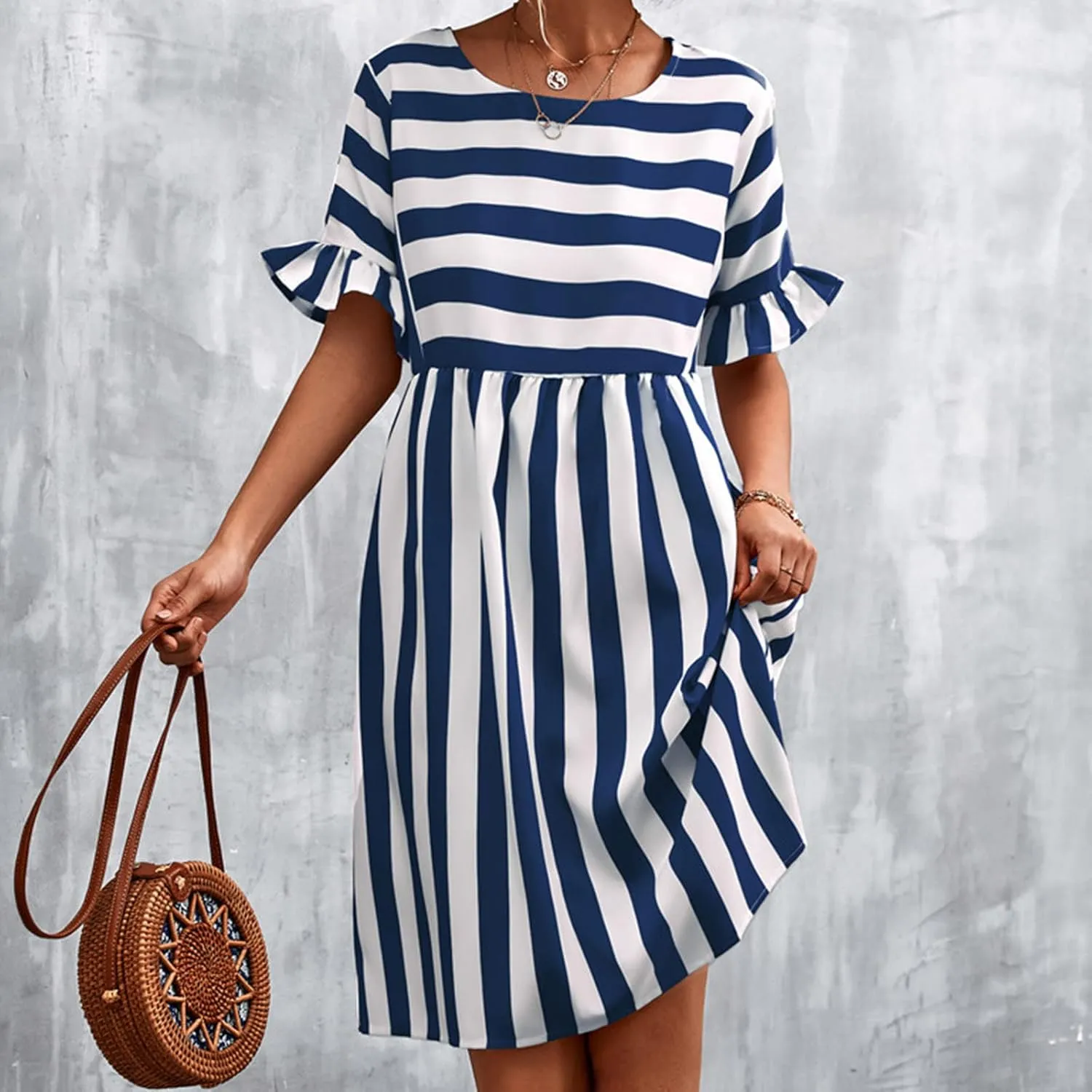 TANGNADE Women Summer Casual Dresses Ruffle Short Sleeve Sundress Flowy Striped Swing Beach Vacation Dress Outfits