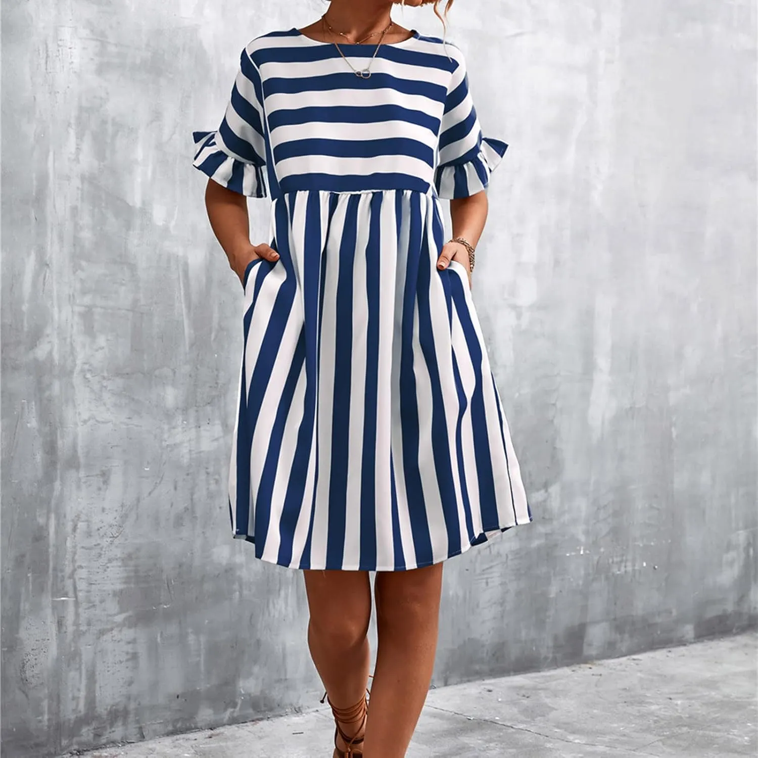 TANGNADE Women Summer Casual Dresses Ruffle Short Sleeve Sundress Flowy Striped Swing Beach Vacation Dress Outfits
