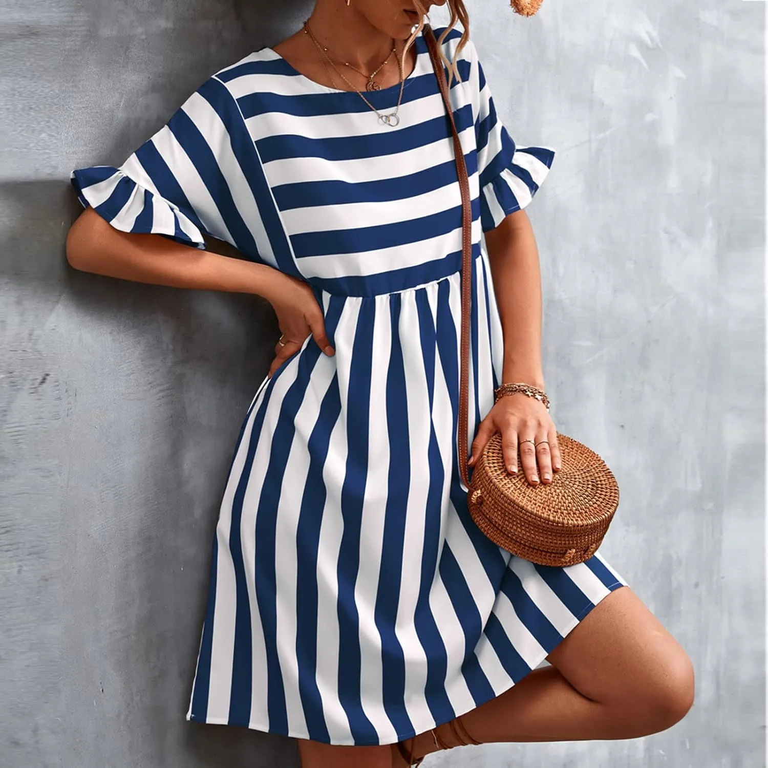 TANGNADE Women Summer Casual Dresses Ruffle Short Sleeve Sundress Flowy Striped Swing Beach Vacation Dress Outfits