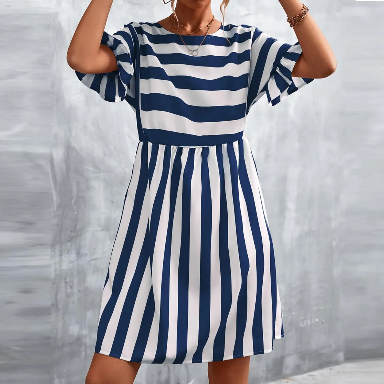 TANGNADE Women Summer Casual Dresses Ruffle Short Sleeve Sundress Flowy Striped Swing Beach Vacation Dress Outfits
