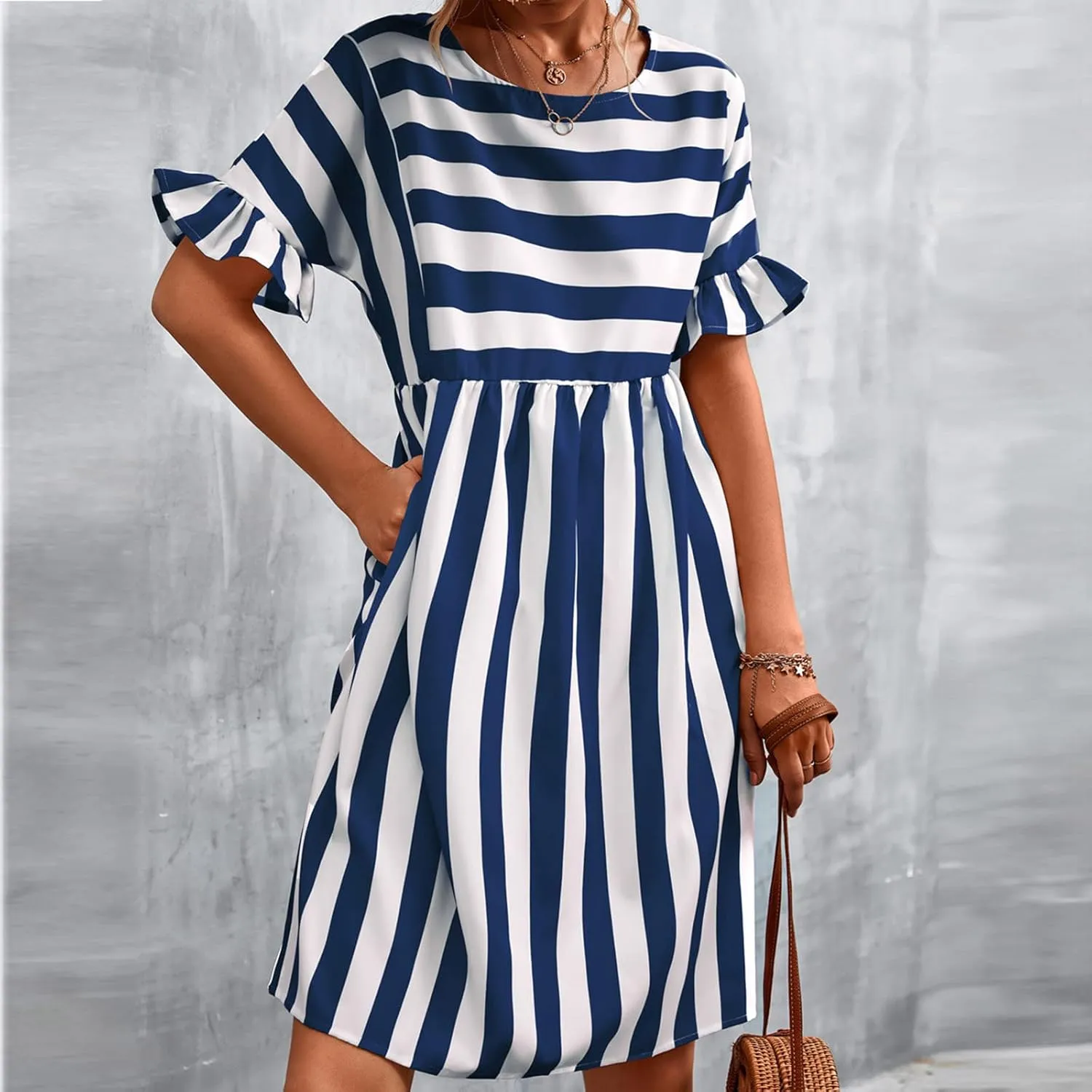 TANGNADE Women Summer Casual Dresses Ruffle Short Sleeve Sundress Flowy Striped Swing Beach Vacation Dress Outfits