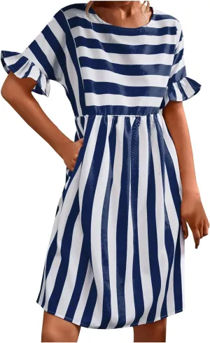 TANGNADE Women Summer Casual Dresses Ruffle Short Sleeve Sundress Flowy Striped Swing Beach Vacation Dress Outfits