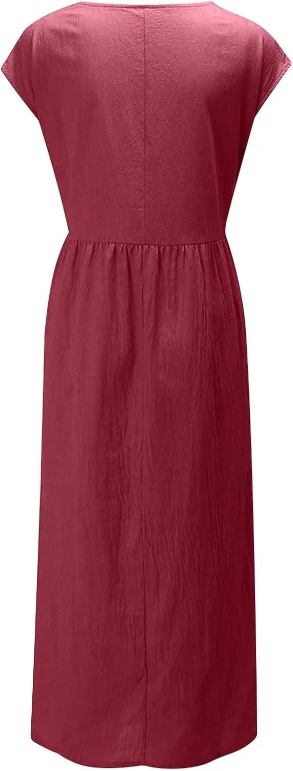 TANGNADE Womens Cotton Linen Maxi Dress Summer Solid Color Short Sleeve Crew Neck Dresses Plus Size Flowy Beach Dress