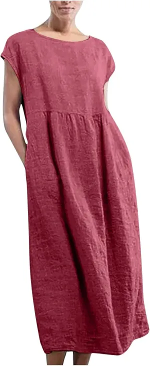 TANGNADE Womens Cotton Linen Maxi Dress Summer Solid Color Short Sleeve Crew Neck Dresses Plus Size Flowy Beach Dress
