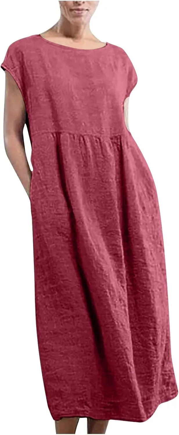 TANGNADE Womens Cotton Linen Maxi Dress Summer Solid Color Short Sleeve Crew Neck Dresses Plus Size Flowy Beach Dress