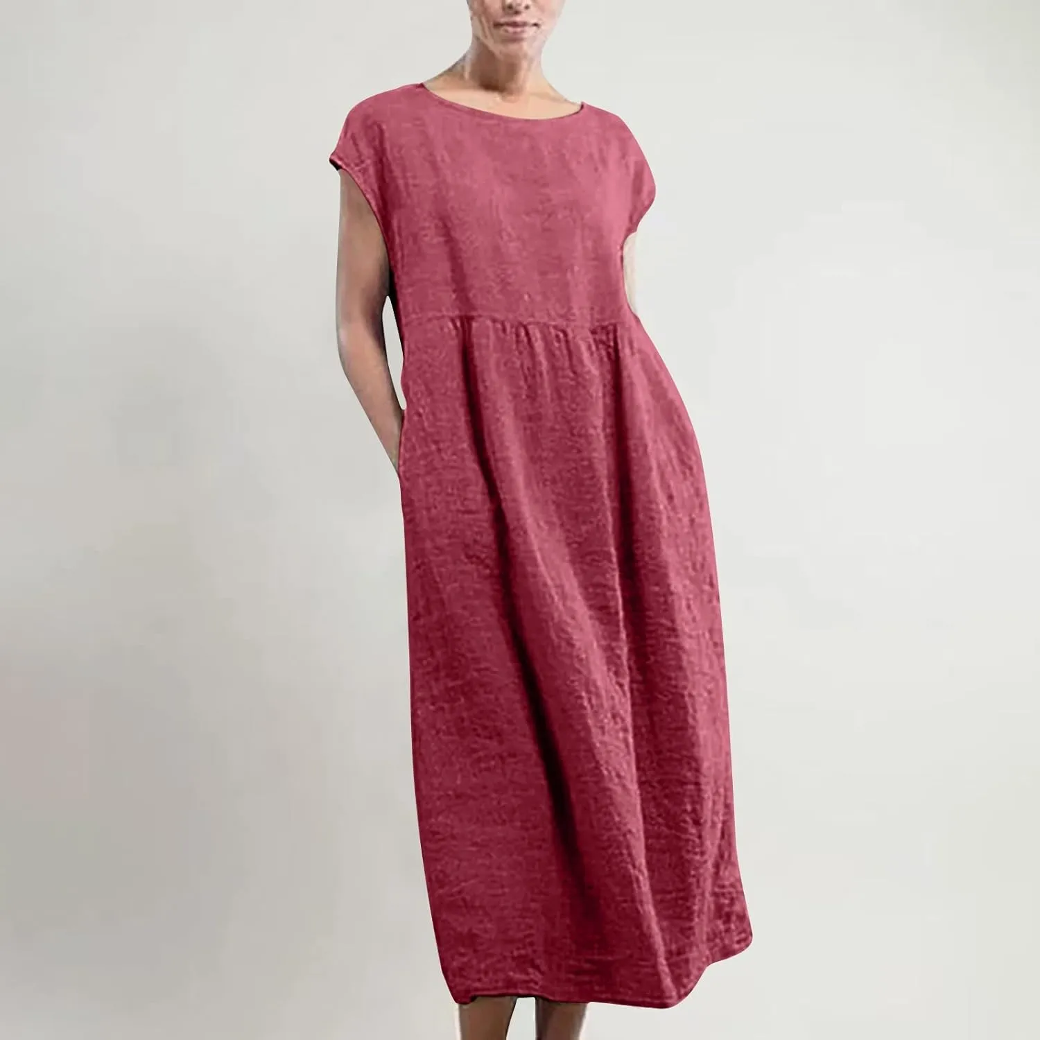 TANGNADE Womens Cotton Linen Maxi Dress Summer Solid Color Short Sleeve Crew Neck Dresses Plus Size Flowy Beach Dress