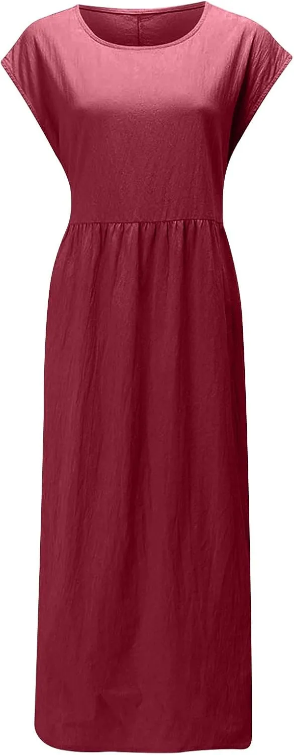 TANGNADE Womens Cotton Linen Maxi Dress Summer Solid Color Short Sleeve Crew Neck Dresses Plus Size Flowy Beach Dress