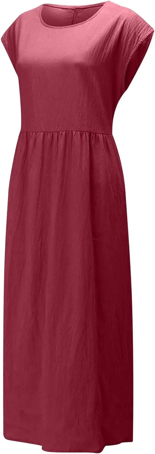 TANGNADE Womens Cotton Linen Maxi Dress Summer Solid Color Short Sleeve Crew Neck Dresses Plus Size Flowy Beach Dress