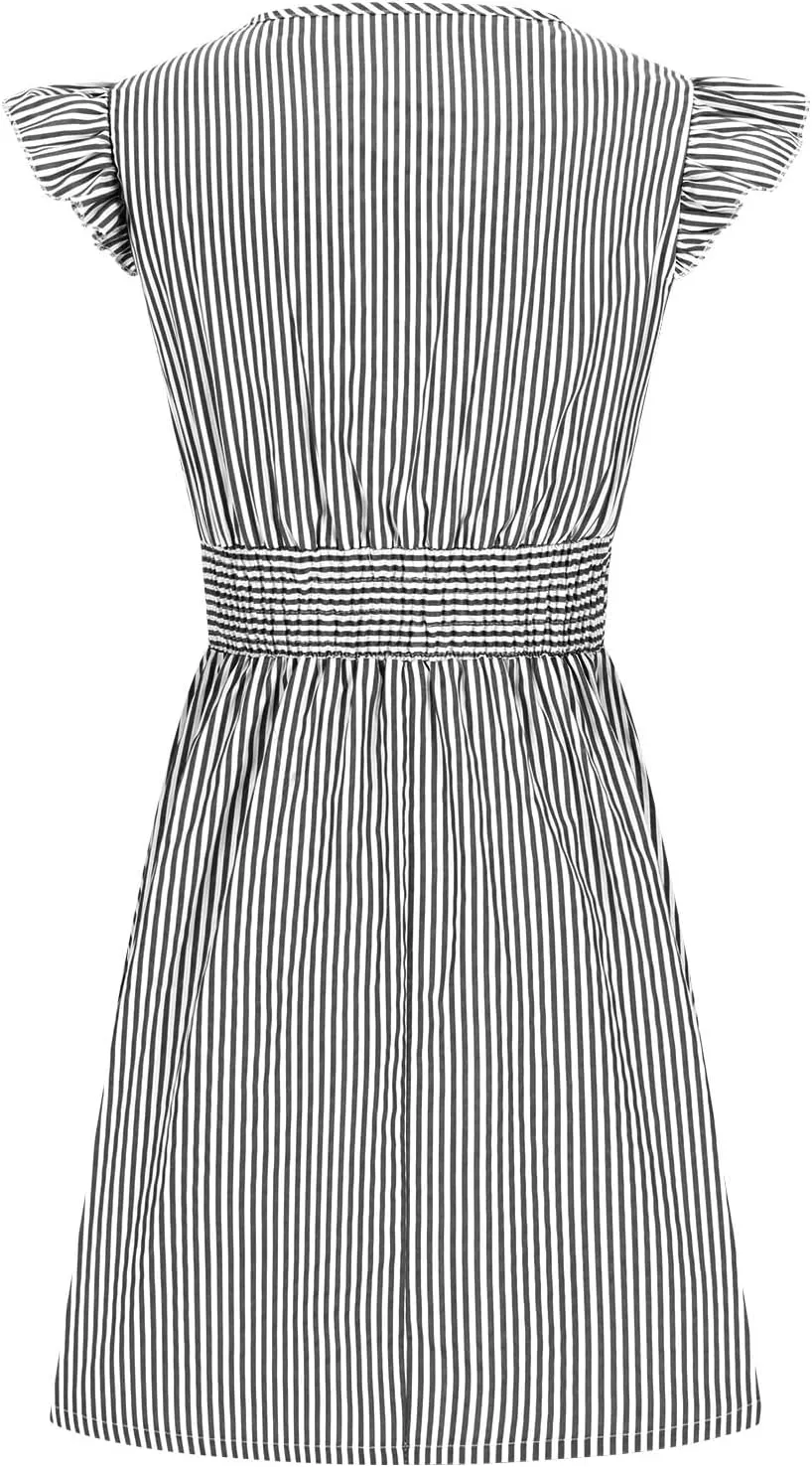 TANGNADE Women's Summer Midi Dress Striped Short Sleeve V Neck T Shirt Dresses Loose A Line Flowy Casual Beach Sundress