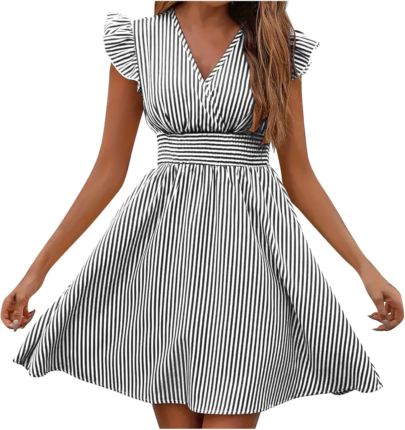 TANGNADE Women's Summer Midi Dress Striped Short Sleeve V Neck T Shirt Dresses Loose A Line Flowy Casual Beach Sundress