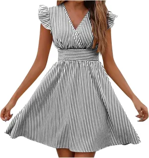 TANGNADE Women's Summer Midi Dress Striped Short Sleeve V Neck T Shirt Dresses Loose A Line Flowy Casual Beach Sundress