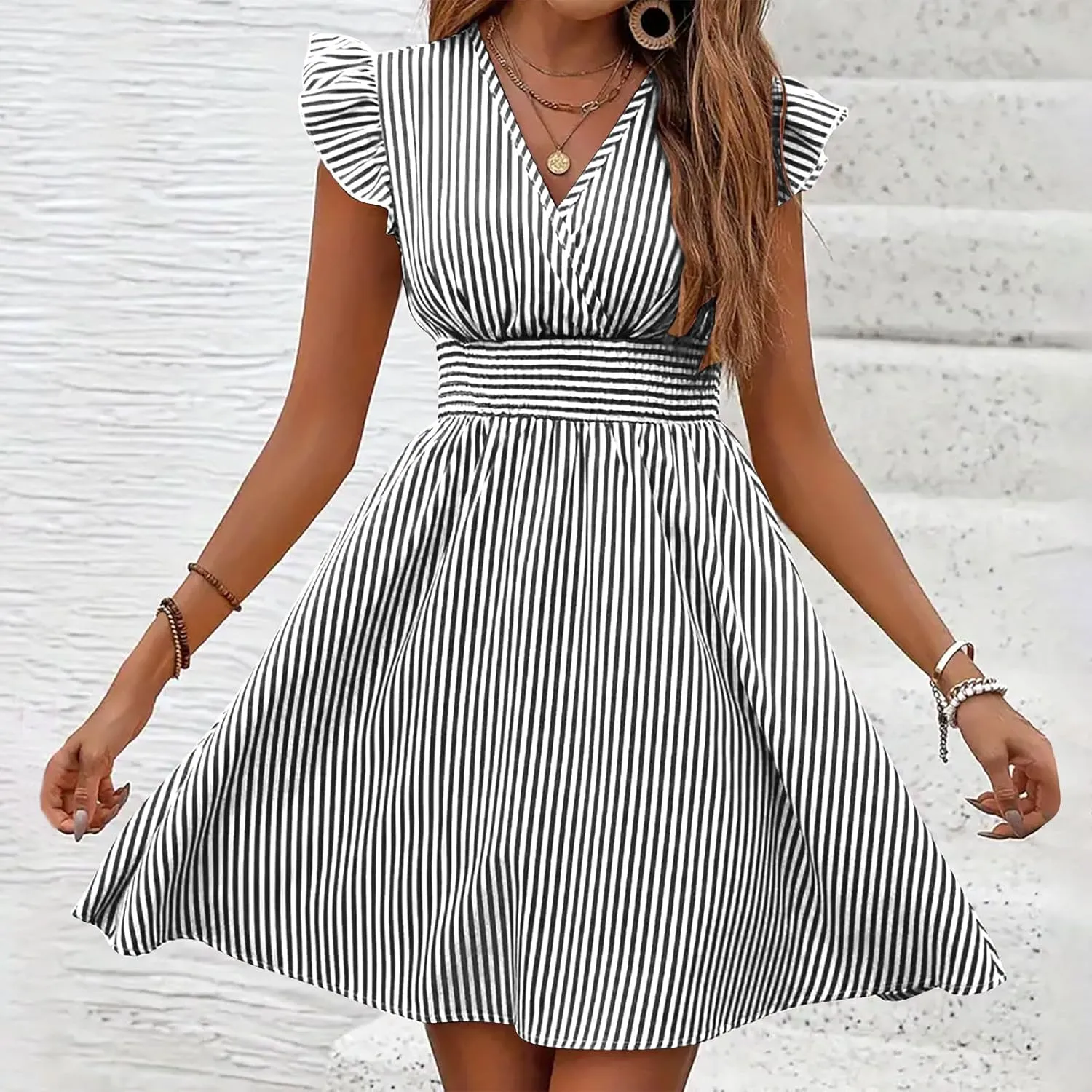 TANGNADE Women's Summer Midi Dress Striped Short Sleeve V Neck T Shirt Dresses Loose A Line Flowy Casual Beach Sundress