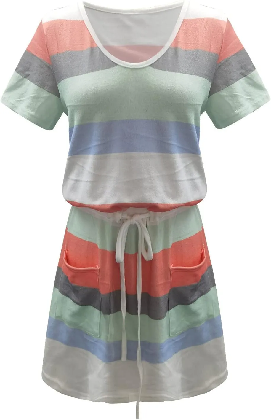 TANGNADE Womens Summer Sun Dress Short Sleeve Round Neck Tie Front A-Line Mini Dresses with Pockets Vacation Outfits