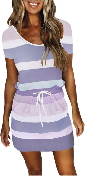 TANGNADE Womens Summer Sun Dress Short Sleeve Round Neck Tie Front A-Line Mini Dresses with Pockets Vacation Outfits