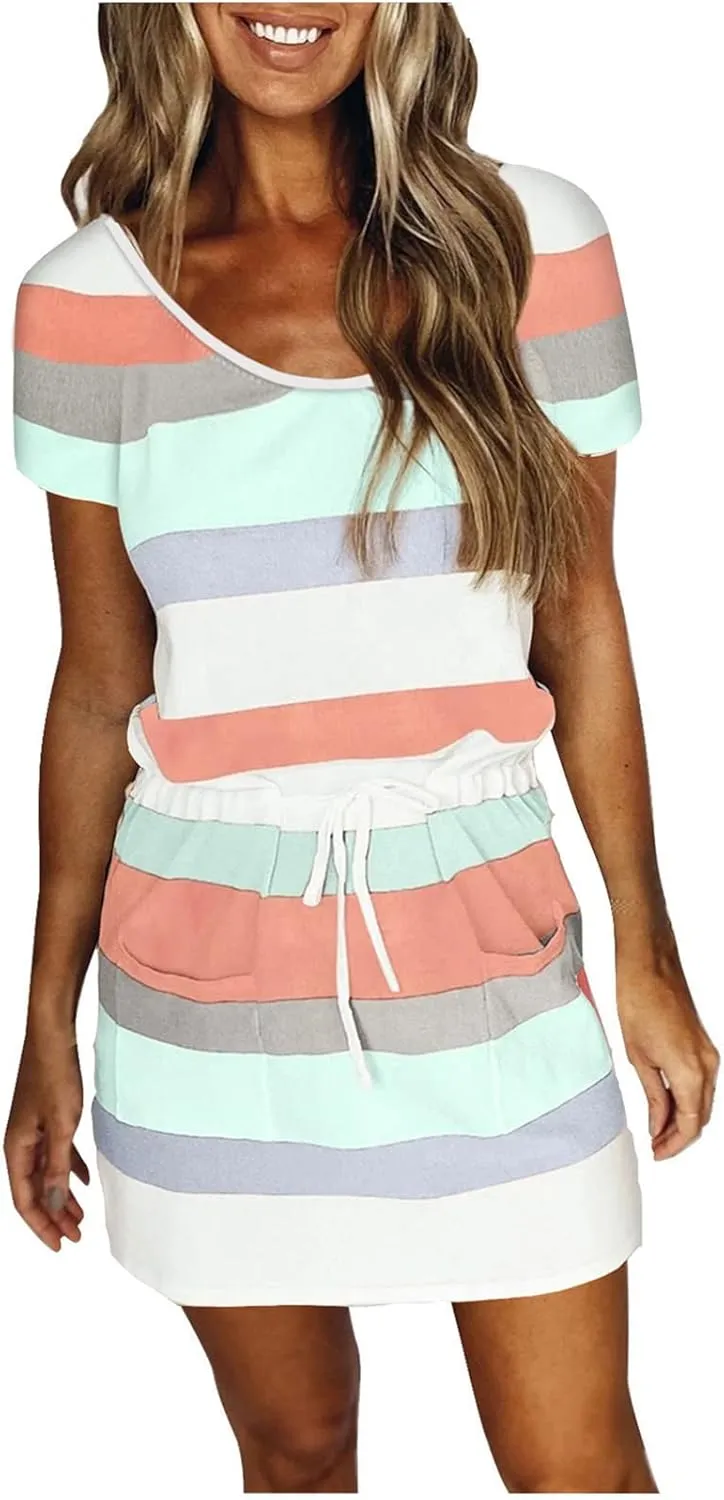 TANGNADE Womens Summer Sun Dress Short Sleeve Round Neck Tie Front A-Line Mini Dresses with Pockets Vacation Outfits
