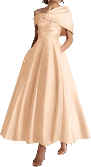 Tea Length Mother of The Bride Dresses Bow One Shoudler Prom Dress Ruffle Satin Formal Evening Gowns with Pockets
