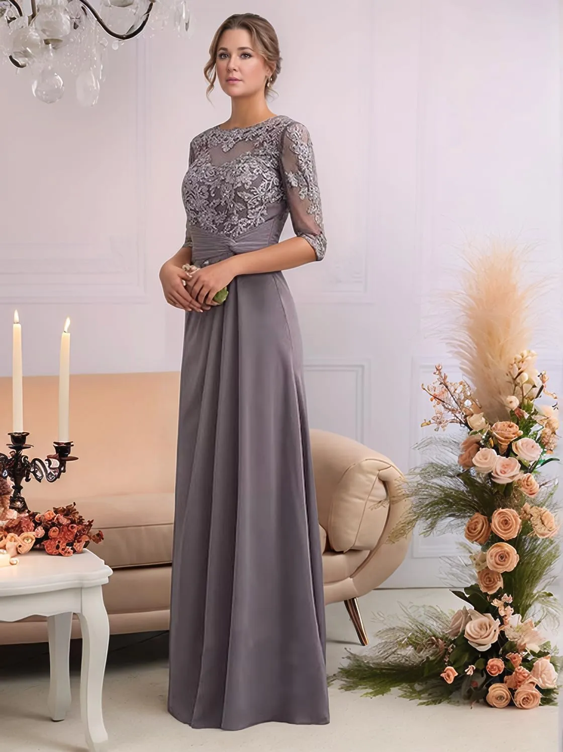 Tea Length Mother of The Bride Dresses for Wedding 2024 Lace Appliques Corset Long Sleeves Mother Groom Dresses for Women