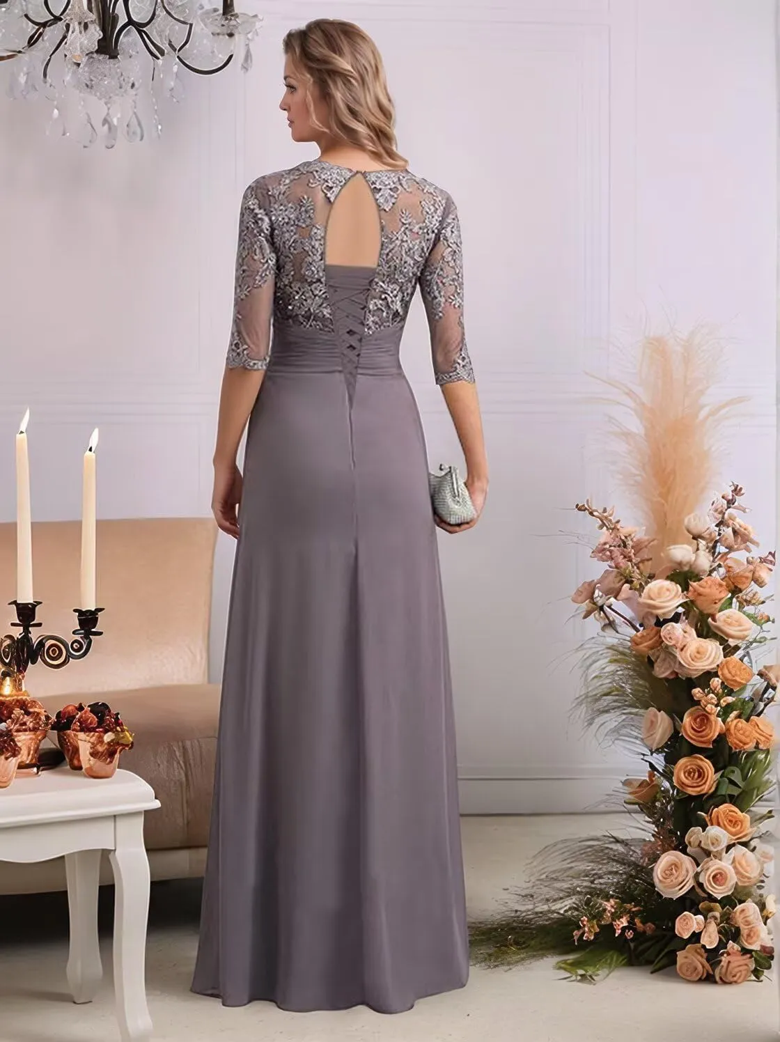 Tea Length Mother of The Bride Dresses for Wedding 2024 Lace Appliques Corset Long Sleeves Mother Groom Dresses for Women