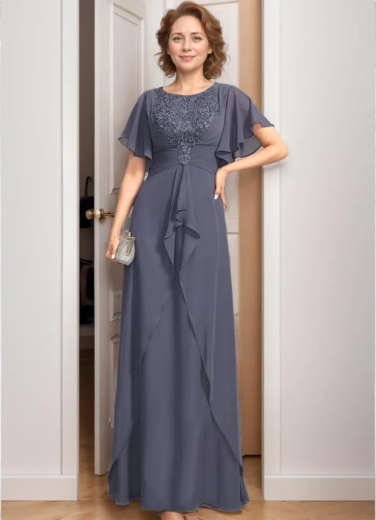Tea Length Mother of The Bride Dresses for Wedding 2024 V Neck Lace Appliques Mother of The Groom Dresses with Ruffle Sleeves