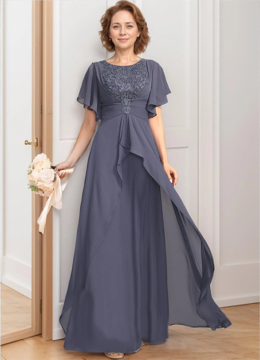 Tea Length Mother of The Bride Dresses for Wedding 2024 V Neck Lace Appliques Mother of The Groom Dresses with Ruffle Sleeves