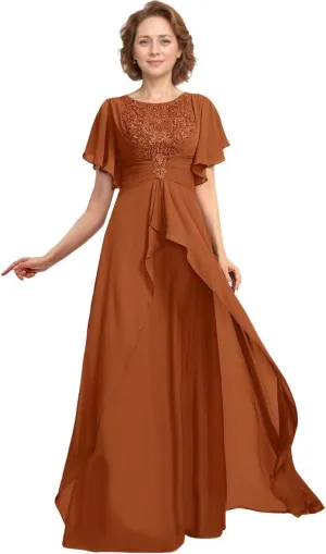 Tea Length Mother of The Bride Dresses for Wedding 2024 V Neck Lace Appliques Mother of The Groom Dresses with Ruffle Sleeves