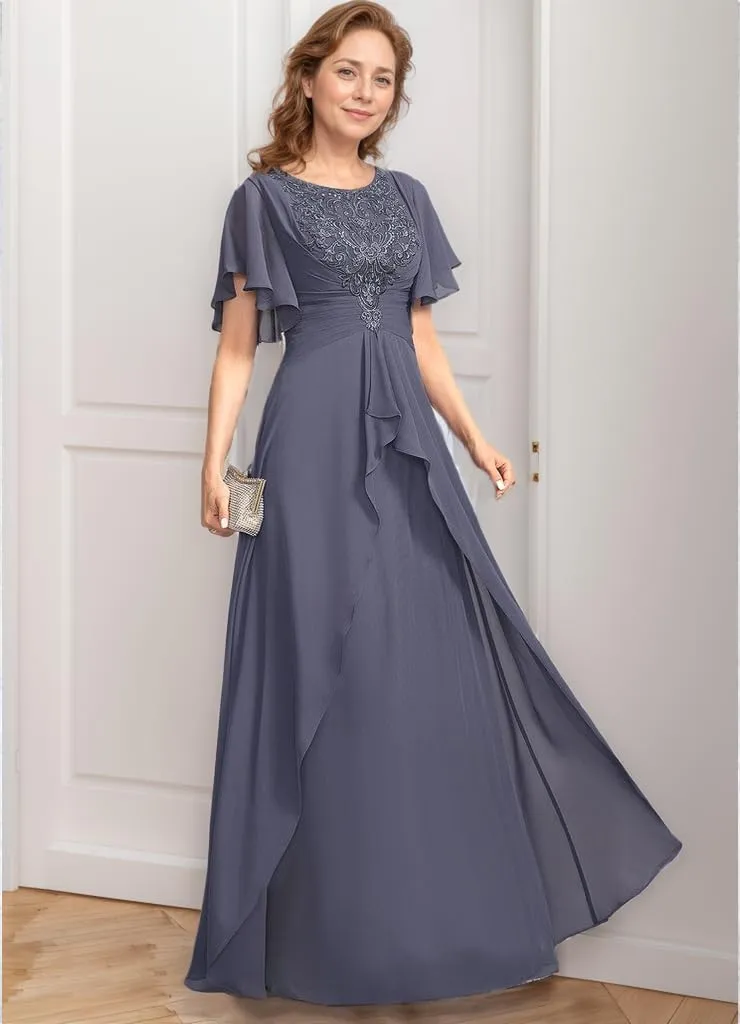 Tea Length Mother of The Bride Dresses for Wedding 2024 V Neck Lace Appliques Mother of The Groom Dresses with Ruffle Sleeves