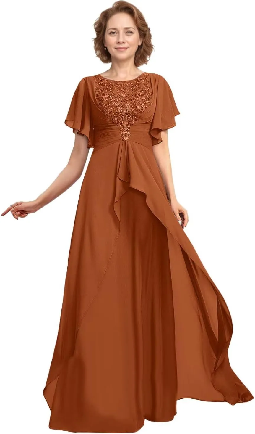 Tea Length Mother of The Bride Dresses for Wedding 2024 V Neck Lace Appliques Mother of The Groom Dresses with Ruffle Sleeves