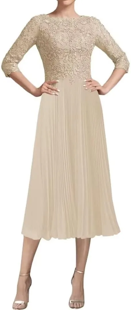 Tea Length Mother of The Bride Dresses for Wedding with 3/4 Sleeve Lace Chiffon Formal Prom Gowns for Women