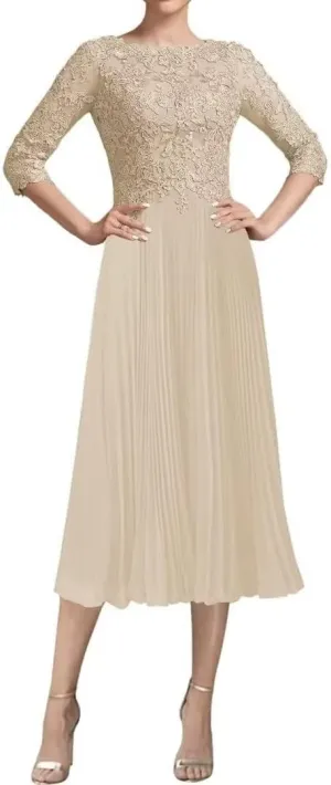 Tea Length Mother of The Bride Dresses for Wedding with 3/4 Sleeve Lace Chiffon Formal Prom Gowns for Women