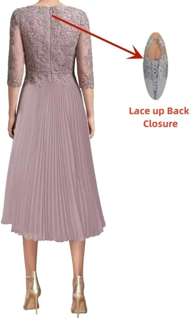 Tea Length Mother of The Bride Dresses for Wedding with 3/4 Sleeve Lace Chiffon Formal Prom Gowns for Women