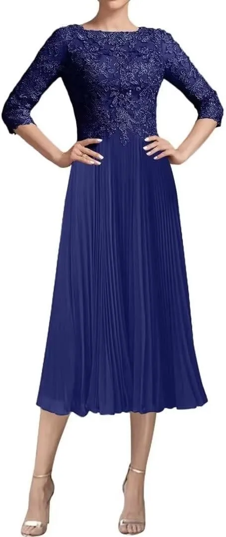 Tea Length Mother of The Bride Dresses for Wedding with 3/4 Sleeve Lace Chiffon Formal Prom Gowns for Women