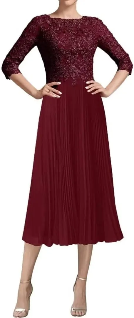 Tea Length Mother of The Bride Dresses for Wedding with 3/4 Sleeve Lace Chiffon Formal Prom Gowns for Women