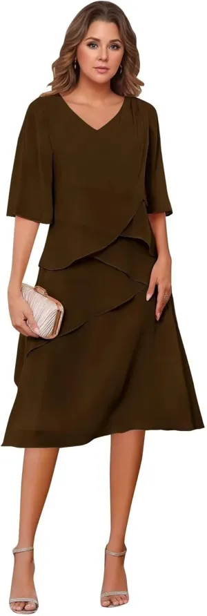 Tea Length Mother of The Bride Dresses for Women Ruffle Chiffon Prom Gown Short Sleeves Evening Party Gown Wedding